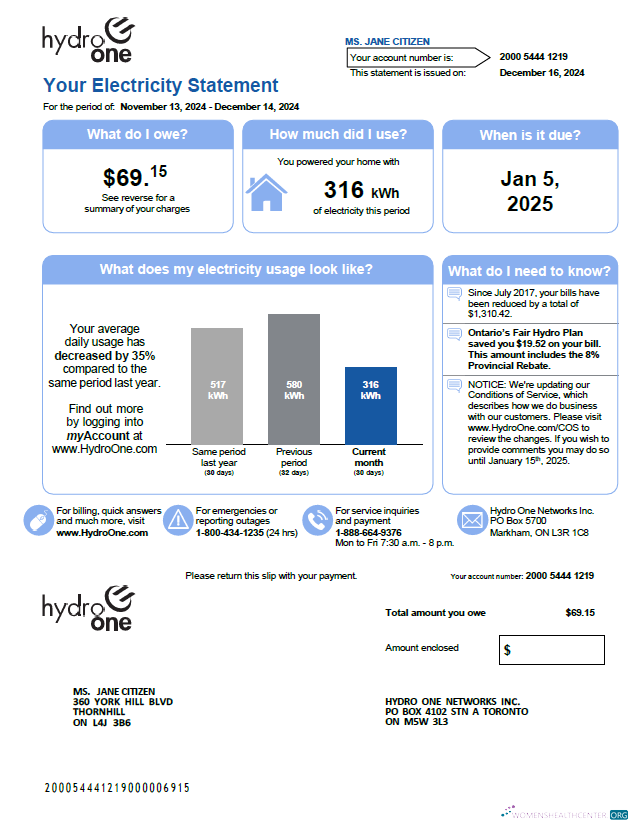 Editierbare Herunterladen Kanada Hydro One Nebenkostenabrechnung Vorlage in Word und PDF Formats, Version 2 PDF Vorlage