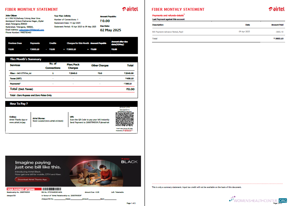 Editierbare Herunterladen Indien Airtel Nebenkostenabrechnung Vorlage in Word und PDF Formats, 2 Seiten, Version 4 PDF Vorlage