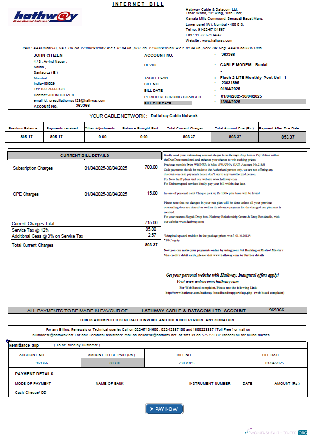 Realistische Herunterladen Indien Hathway Cable & Datacom Nebenkostenabrechnung Vorlage in Word und PDF Formats PDF Vorlage