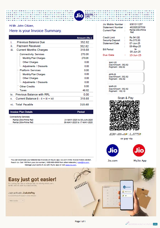 Realistische Herunterladen Indien Jio Digital Life Nebenkostenabrechnung Vorlage in Word und PDF Formats, Version 2 PDF Vorlage