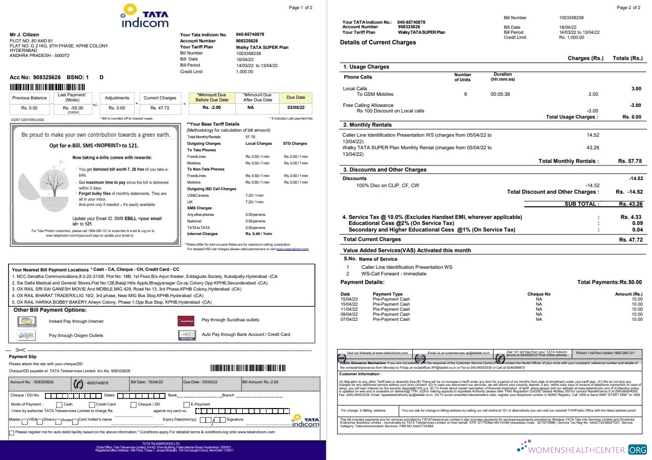 Hochwertige Herunterladen Indien Tata Indicom Mobil Nebenkostenabrechnung Vorlage in Word und PDF Format, 2 Seiten PDF Vorlage