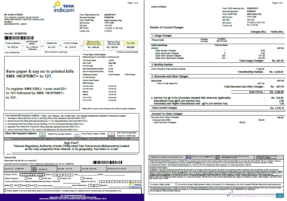 Premium Herunterladen Indien Tata Indicom Nebenkostenabrechnung Vorlage in Word und PDF Formats, 2 Seiten PDF Vorlage