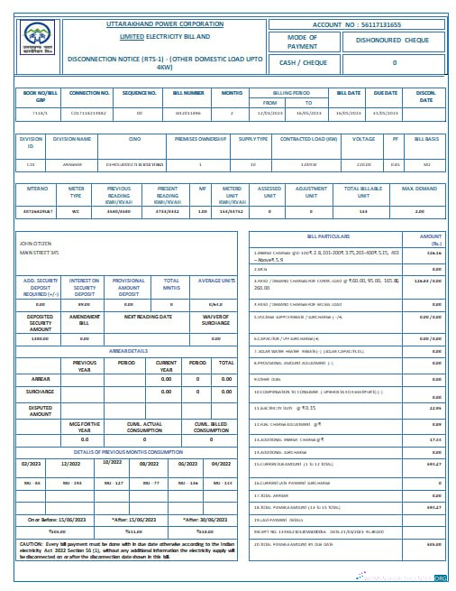 Editierbare Herunterladen Indien Uttarakhand Power Konzern Strom Nebenkostenabrechnung Word und PDF Formats PDF Vorlage