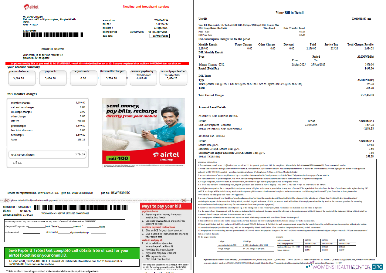 Editierbare Herunterladen Indien Airtel Nebenkostenabrechnung Vorlage in Word und PDF Formats, 2 Seiten, Version 2 PDF Vorlage