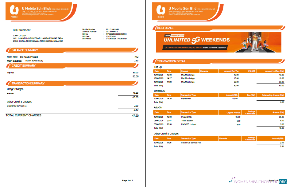 Editierbare Herunterladen Malaysia U Mobil Nebenkostenabrechnung Vorlage in Word und PDF Formats, 2 Seiten, Version 2 PDF Vorlage