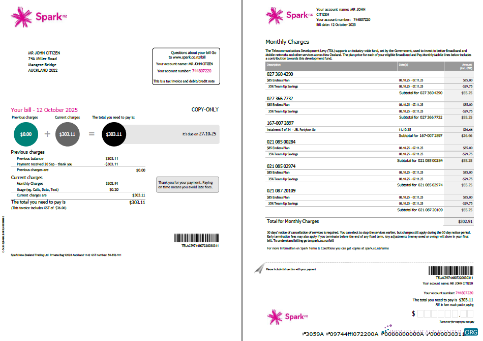 Realistische Herunterladen Neuseeland Spark Nebenkostenabrechnung Vorlage in Word und PDF Formats, 2 Seiten, Version 2 PDF Vorlage