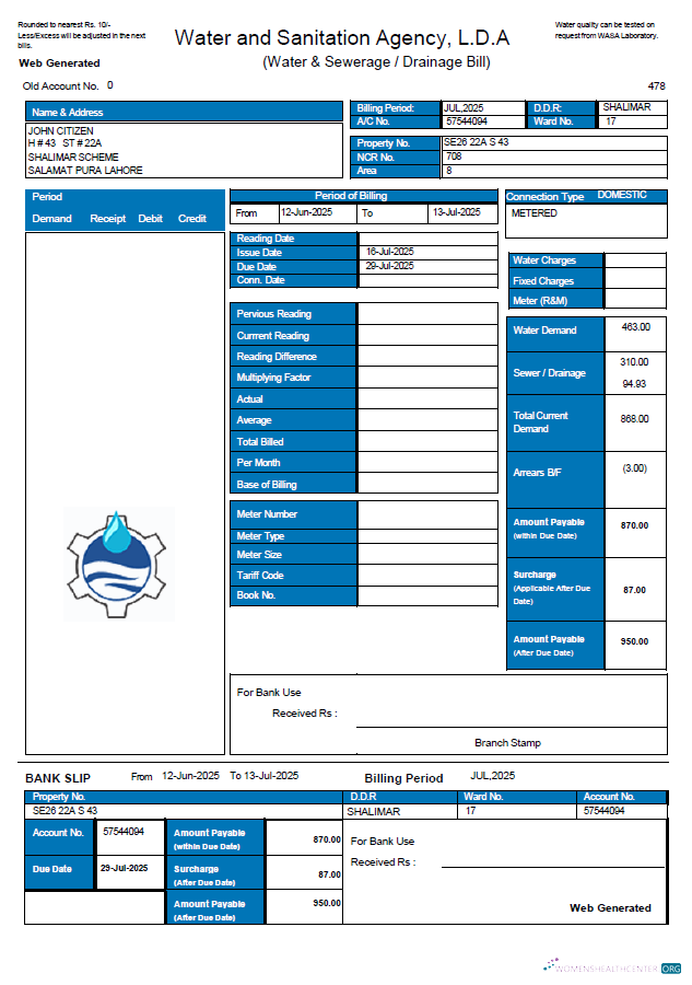 Realistische Herunterladen Pakistan Wasser und Sanitation Agency (LDA) Nebenkostenabrechnung Vorlage in Word und PDF Formats PDF Vorlage