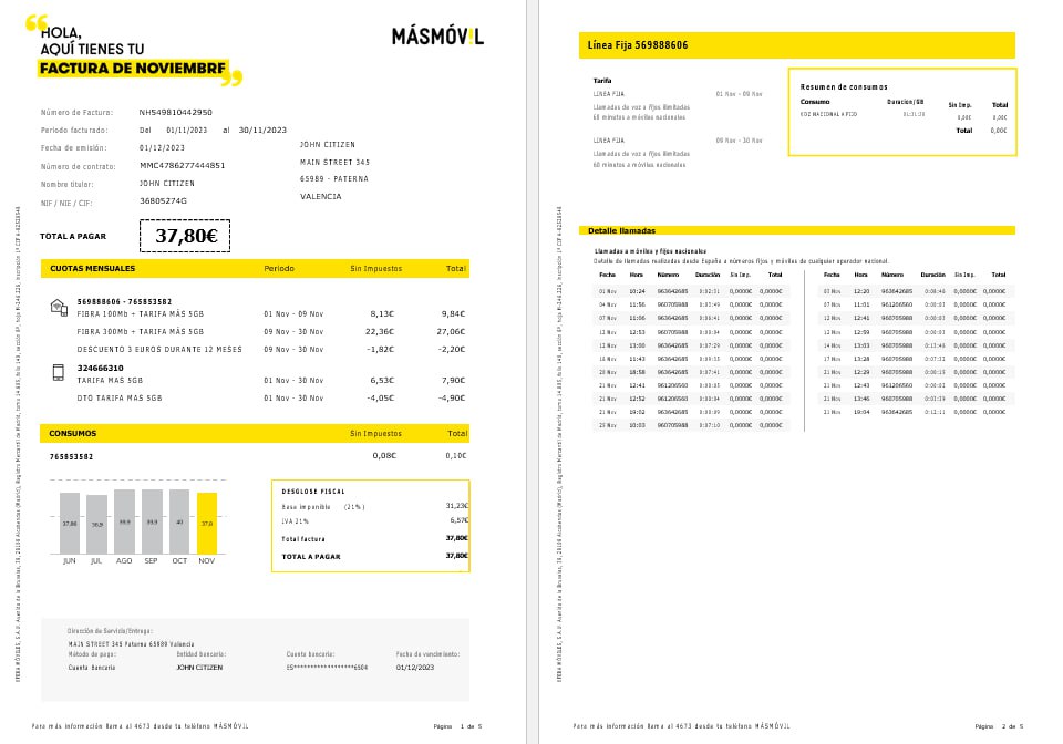 Professionelle Herunterladen Spanien Masmovil Internet und Mobil Nebenkostenabrechnung Word und PDF Formats, 5 Seiten PDF Vorlage