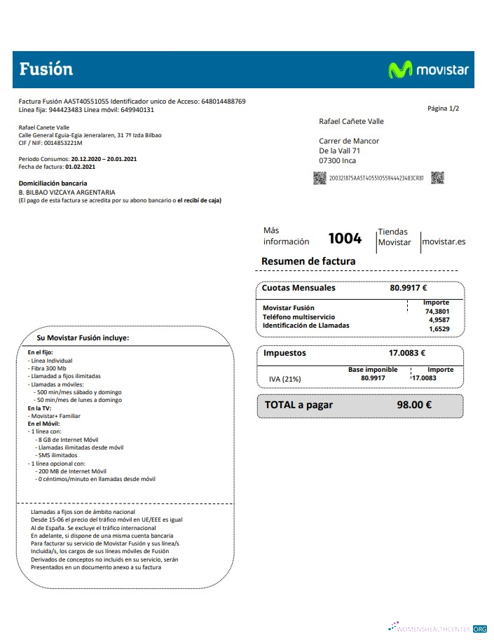 Realistische Herunterladen Spanien Movistar Fusion Telecom Operator Nebenkostenabrechnung Dokument in Word und PDF Format PDF Vorlage
