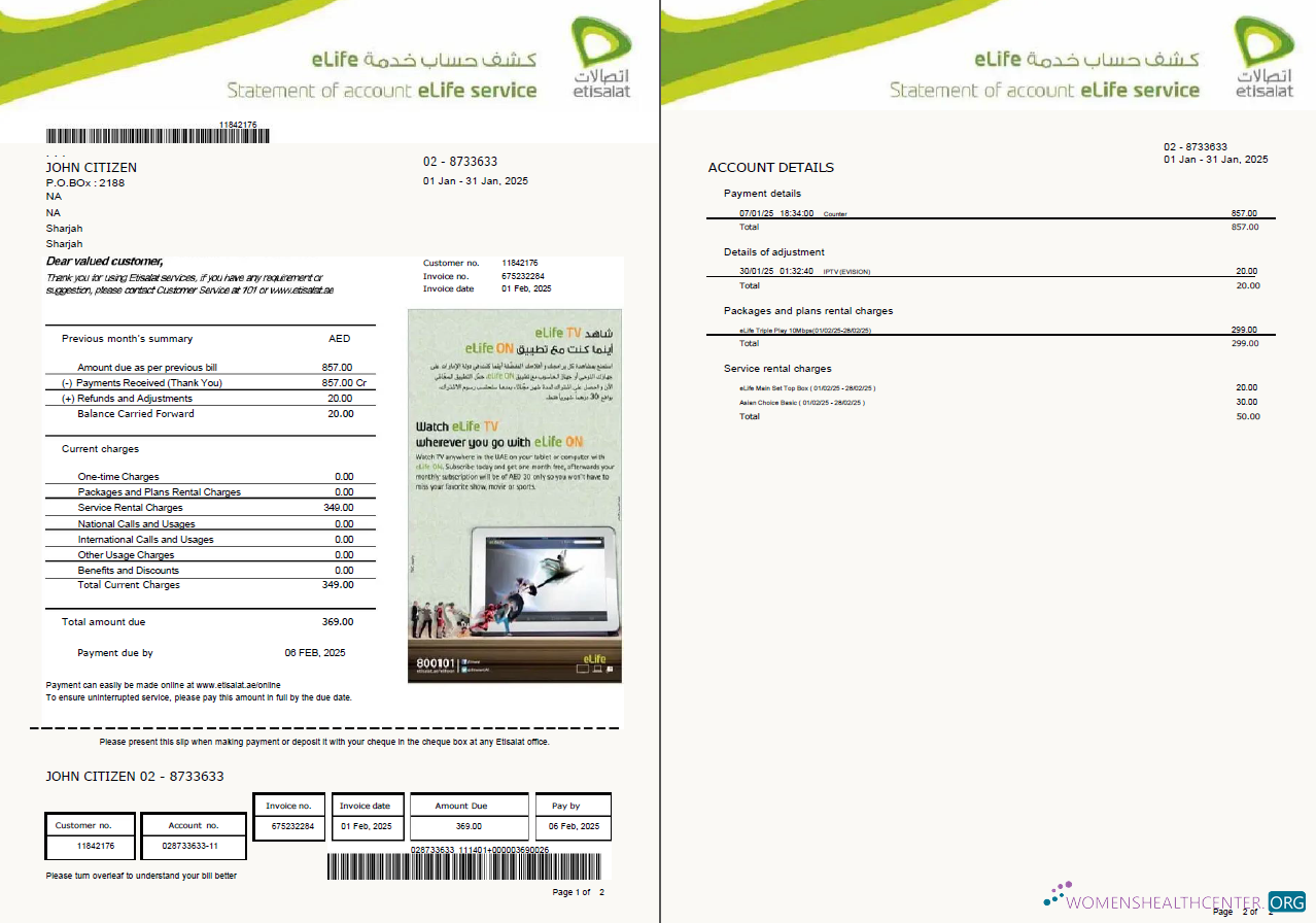 Premium Herunterladen UAE Etisalat Nebenkostenabrechnung Vorlage in Word und PDF Formats, 2 Seiten, Version 2 PDF Vorlage