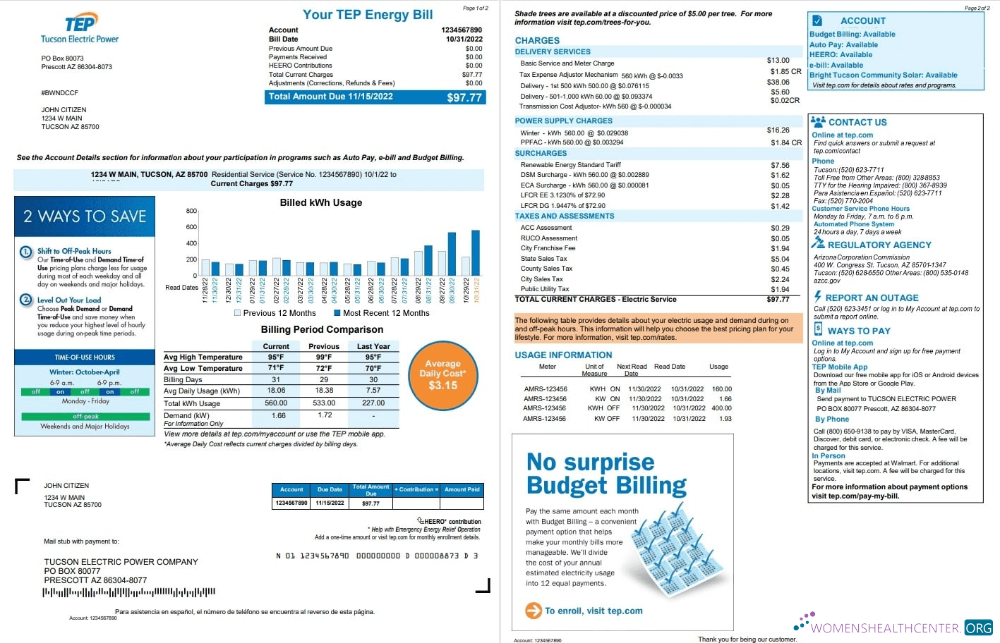 Premium Herunterladen USA Arizona Tucson Electric Power (TEP) Nebenkostenabrechnung, Word und PDF Vorlage, 2 Seiten PDF Vorlage