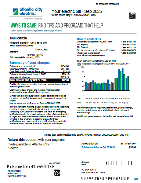 Realistische Herunterladen USA Atlantic Stadt Electric Nebenkostenabrechnung Vorlage in Word und PDF Formats, Version 2 PDF Vorlage