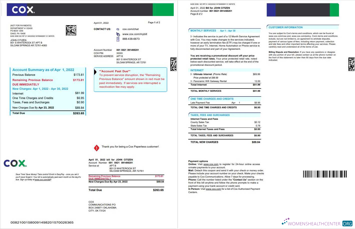 Premium Herunterladen USA COX Digital Cable Television Nebenkostenabrechnung, Word und PDF Vorlage, 2 Seiten PDF Vorlage
