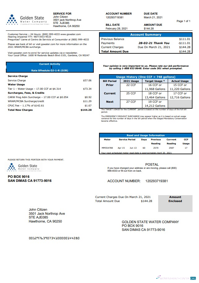 Realistische Herunterladen USA California Golden Staatlich Wasser Unternehmen Nebenkostenabrechnung Vorlage in .doc und .PDF Format PDF Vorlage