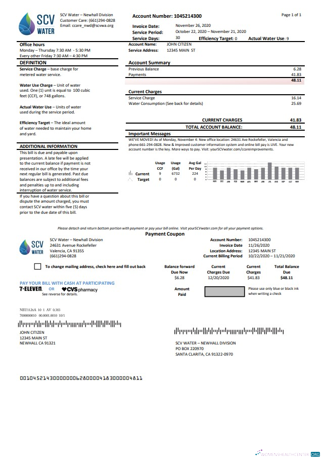 Editierbare Herunterladen USA California Santa Clarita SCV Wasser Nebenkostenabrechnung Vorlage in Word und PDF Format PDF Vorlage