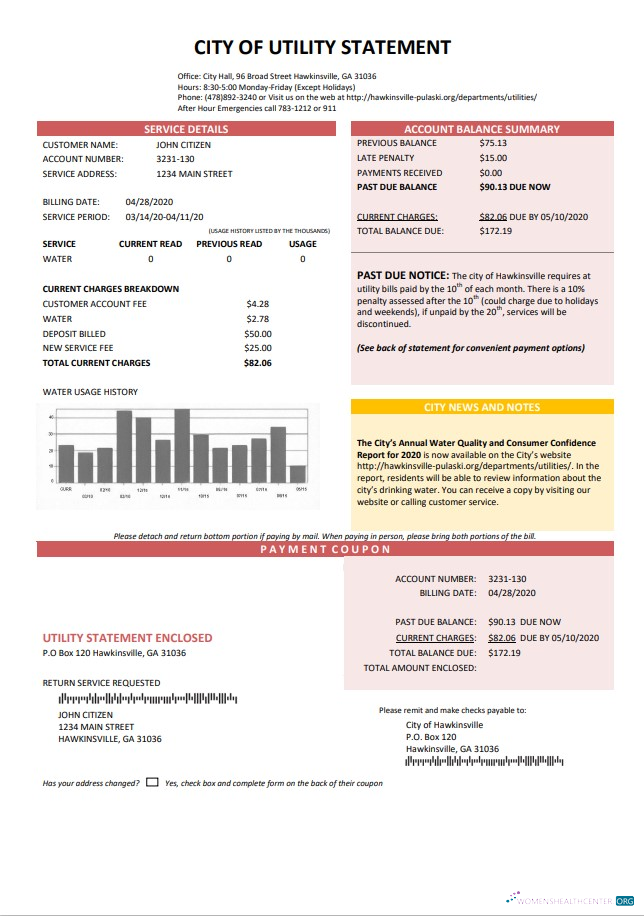 Hochwertige Herunterladen USA Stadt von Utility Kontoauszug Wasser Nebenkostenabrechnung Vorlage in Word und PDF Format PDF Vorlage