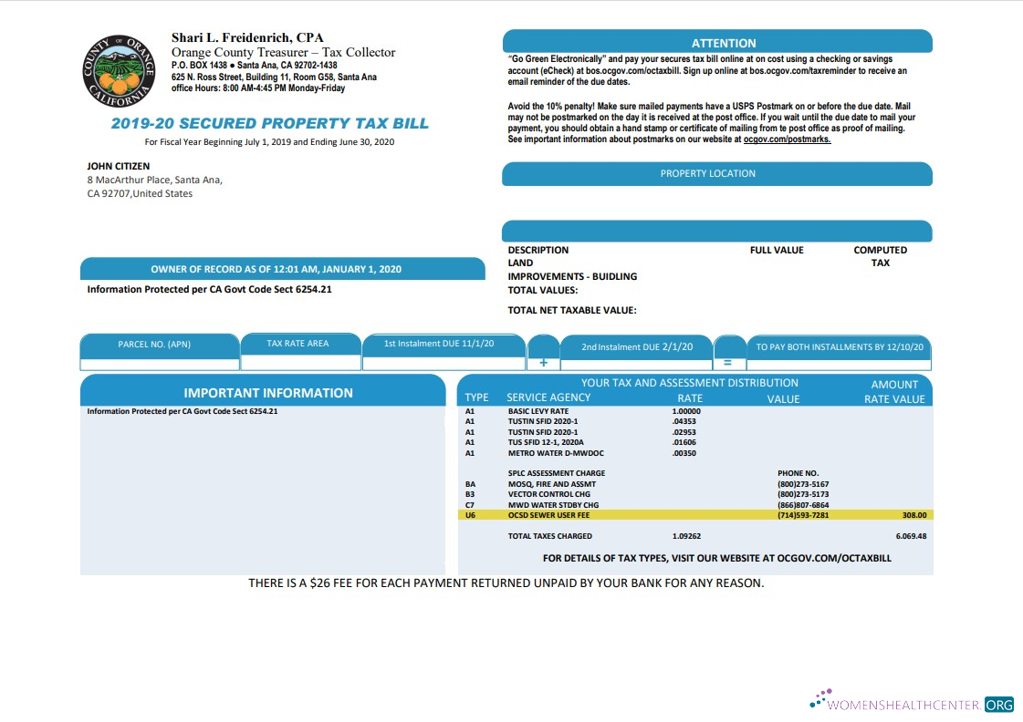 Editierbare Herunterladen USA County von Orange California Property Tax Bill Vorlage in Word und PDF Format PDF Vorlage