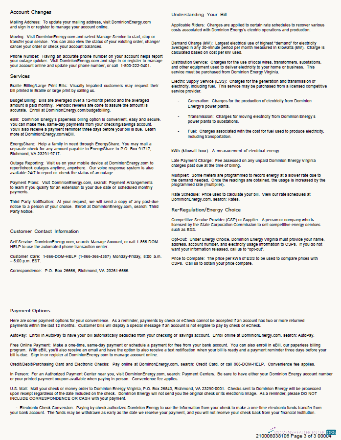 Realistische Herunterladen USA Dominion Energy Nebenkostenabrechnung Vorlage in Word und PDF Formats, 3 Seiten, 3rd Seite PDF Vorlage