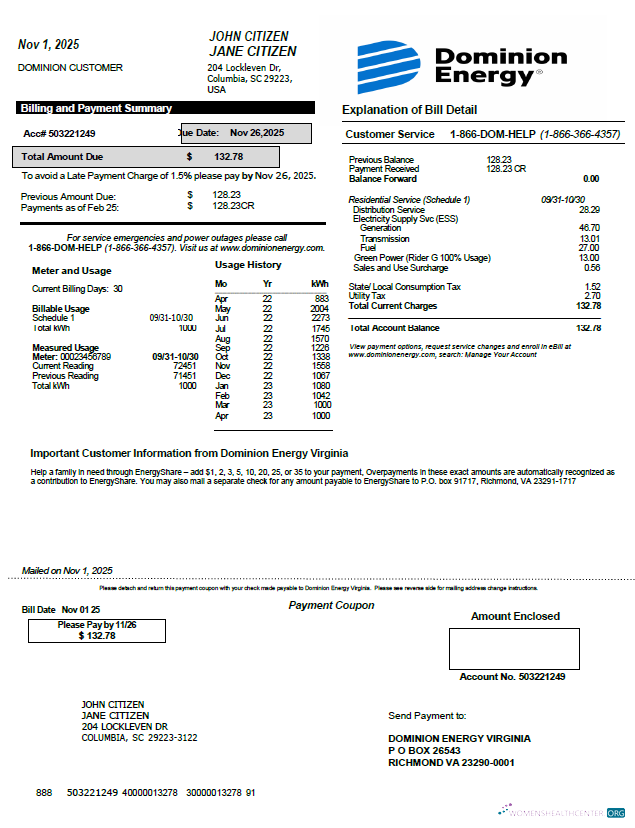 Hochwertige Herunterladen USA Dominion Energy Nebenkostenabrechnung Vorlage in Word und PDF Formats, Version 2 PDF Vorlage