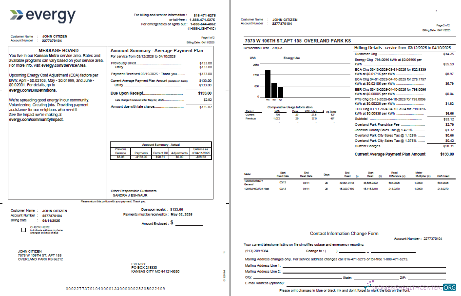 Professionelle Herunterladen USA Evergy Nebenkostenabrechnung Vorlage in Word und PDF Formats, 2 Seiten, Version 2 PDF Vorlage