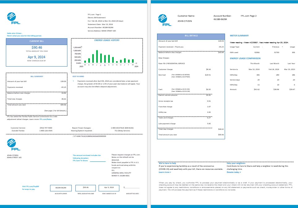 Hochwertige Herunterladen USA FPL Strom Utility Bil Word und PDF Formats, 2 Seiten, Version 2 PDF Vorlage