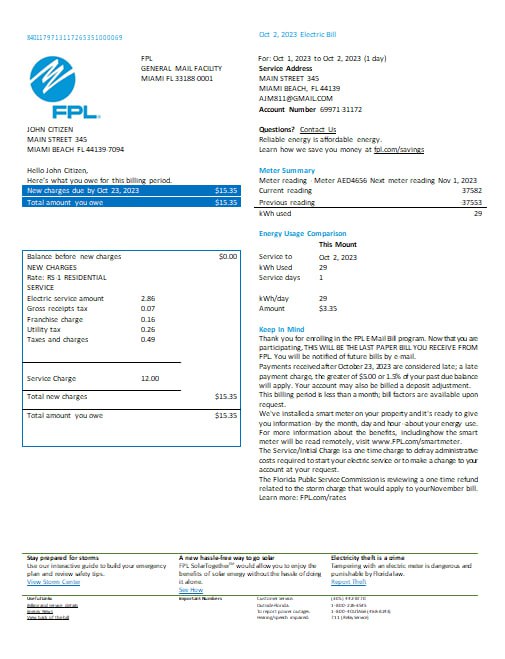 Professionelle Herunterladen USA Florida FPL Strom Nebenkostenabrechnung Word und PDF Formats, Version 2 PDF Vorlage
