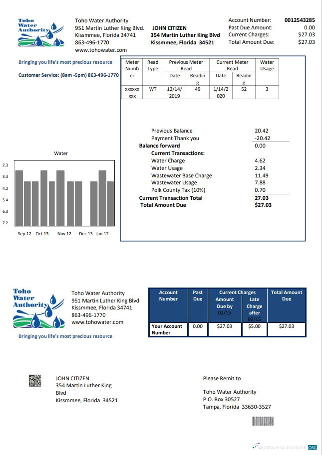 Hochwertige Herunterladen USA Florida Toho Wasser Behörde Nebenkostenabrechnung Vorlage in Word und PDF Format PDF Vorlage