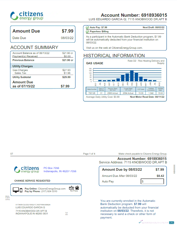 Hochwertige Herunterladen USA INDIANAPOLIS CITIZENS ENERGY GROUP Nebenkostenabrechnung Word und PDF Vorlage PDF Vorlage