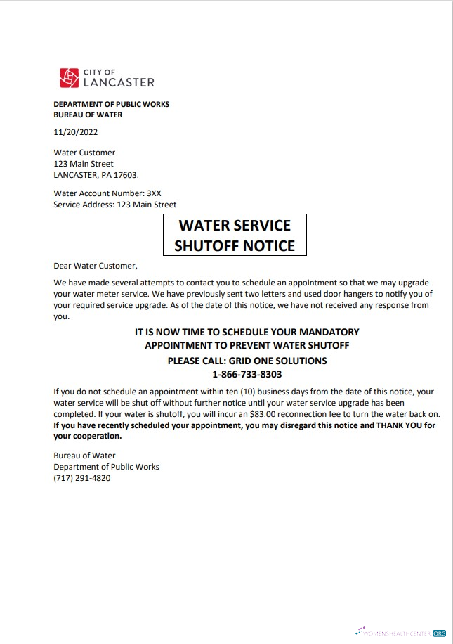 Editierbare Herunterladen USA Lancaster Wasser Service Nebenkostenabrechnung Shutoff Notice, Word und PDF Vorlage PDF Vorlage