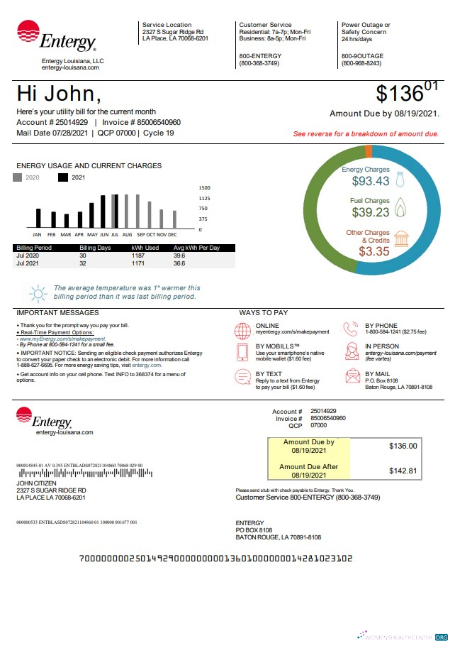Hochwertige Herunterladen USA Louisiana Entergy Nebenkostenabrechnung Vorlage in Word und PDF Format, Version 2 PDF Vorlage