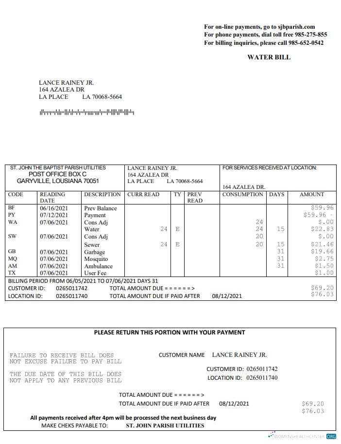 Editierbare Herunterladen USA Louisiana St. John The Baptist Parish Wasser Bill in Word und PDF Format PDF Vorlage