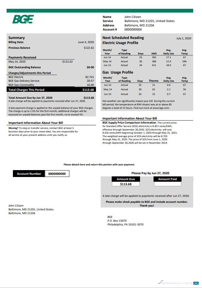 Hochwertige Herunterladen USA Maryland BGE Gas und Electric Nebenkostenabrechnung Vorlage in Word und PDF Format PDF Vorlage