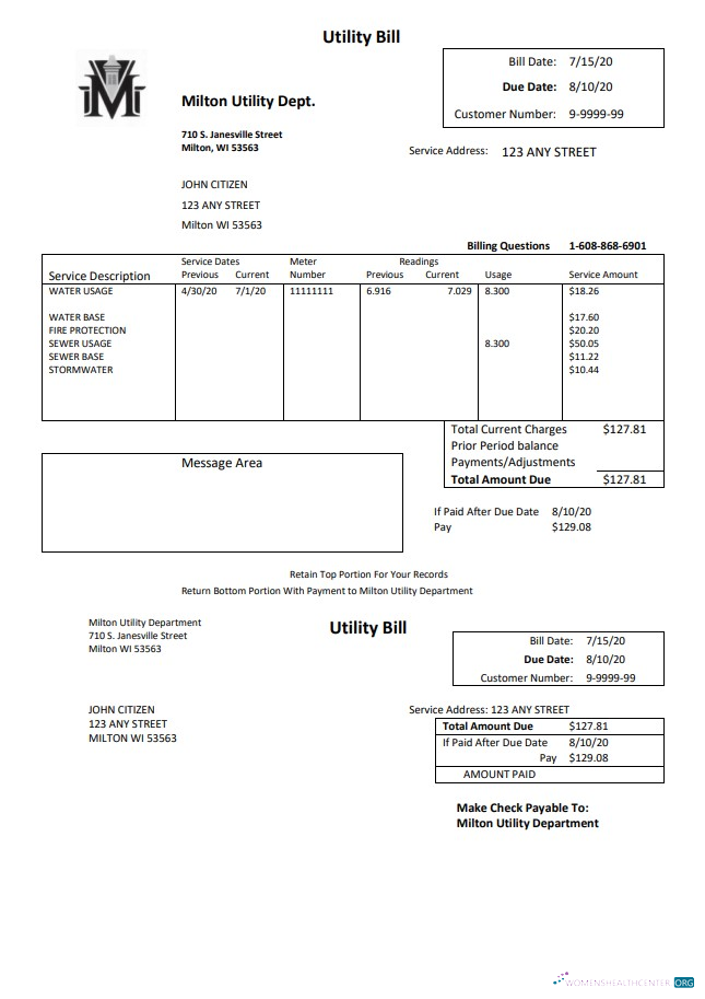 Professionelle Herunterladen USA Massachusetts Milton Utility Dept Wasser Nebenkostenabrechnung Vorlage in Word und PDF Format PDF Vorlage