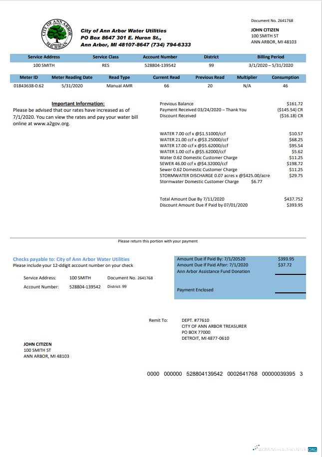 Editierbare Herunterladen USA Michigan Stadt von Ann Arbor Wasser Utilities Bill Vorlage in Word und PDF Format PDF Vorlage