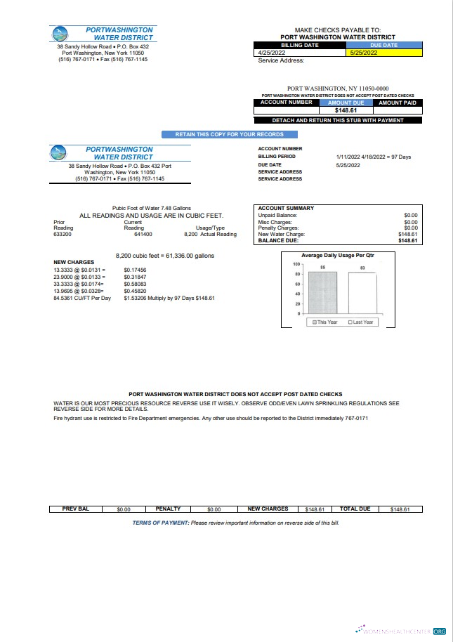 Editierbare Herunterladen USA Neu York Port Washington Wasser Bezirk Nebenkostenabrechnung Vorlage in Word und PDF Format PDF Vorlage