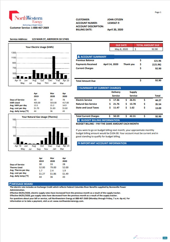 Premium Herunterladen USA NorthWestern Energy Nebenkostenabrechnung Vorlage in Word und PDF Format, Version 1 PDF Vorlage