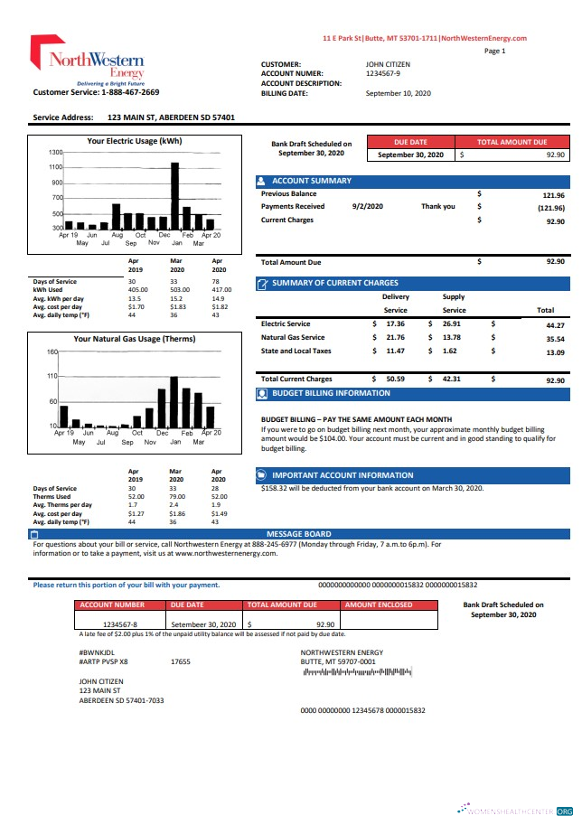Realistische Herunterladen USA NorthWestern Energy Nebenkostenabrechnung Vorlage in Word und PDF Format, Version 2 PDF Vorlage