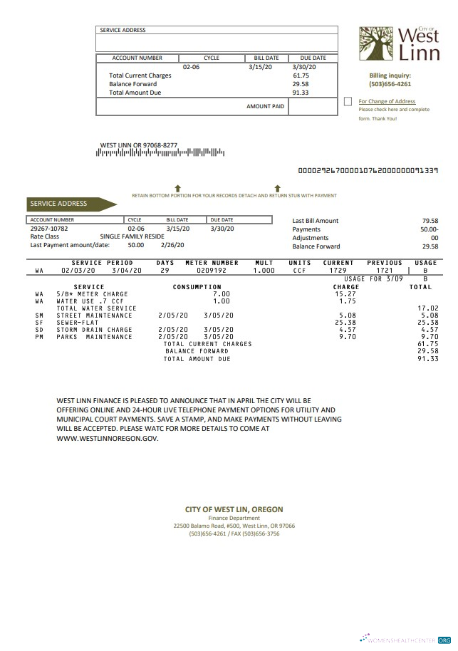 Realistische Herunterladen USA Oregon Stadt von West Linn Nebenkostenabrechnung Vorlage in Word und PDF Format PDF Vorlage