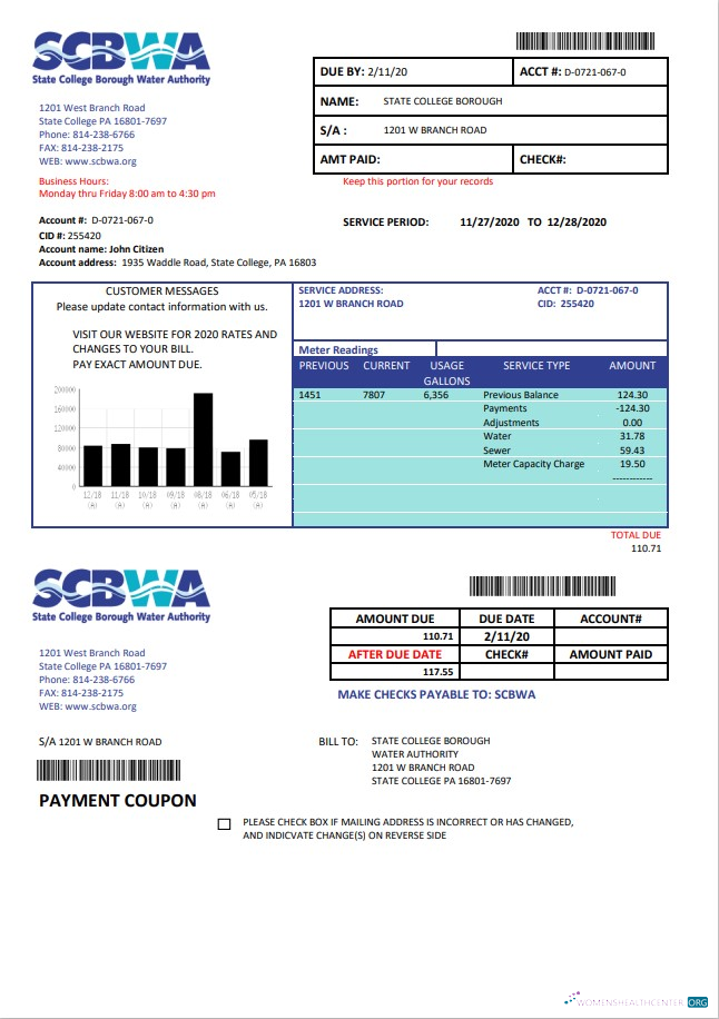 Professionelle Herunterladen USA Pennsylvania SCBWA Wasser Nebenkostenabrechnung Vorlage in Word und PDF Format PDF Vorlage