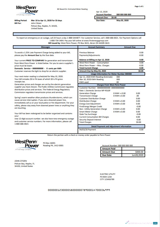 Editierbare Herunterladen USA Pennsylvania West Penn Power Nebenkostenabrechnung Vorlage in Word und PDF Format PDF Vorlage