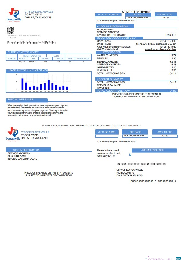Editierbare Herunterladen USA Texas Stadt von Duncanville Nebenkostenabrechnung Vorlage in Word und PDF Format PDF Vorlage