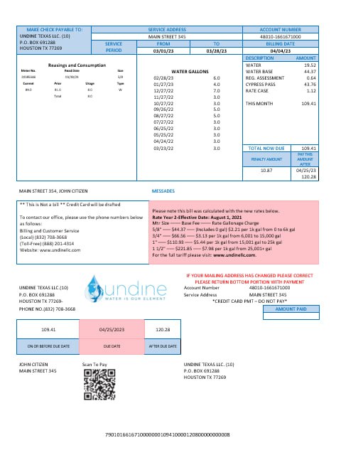 Realistische Herunterladen USA Texas Undine Wasser Is Our Element Wasser Nebenkostenabrechnung Word und PDF Formats PDF Vorlage
