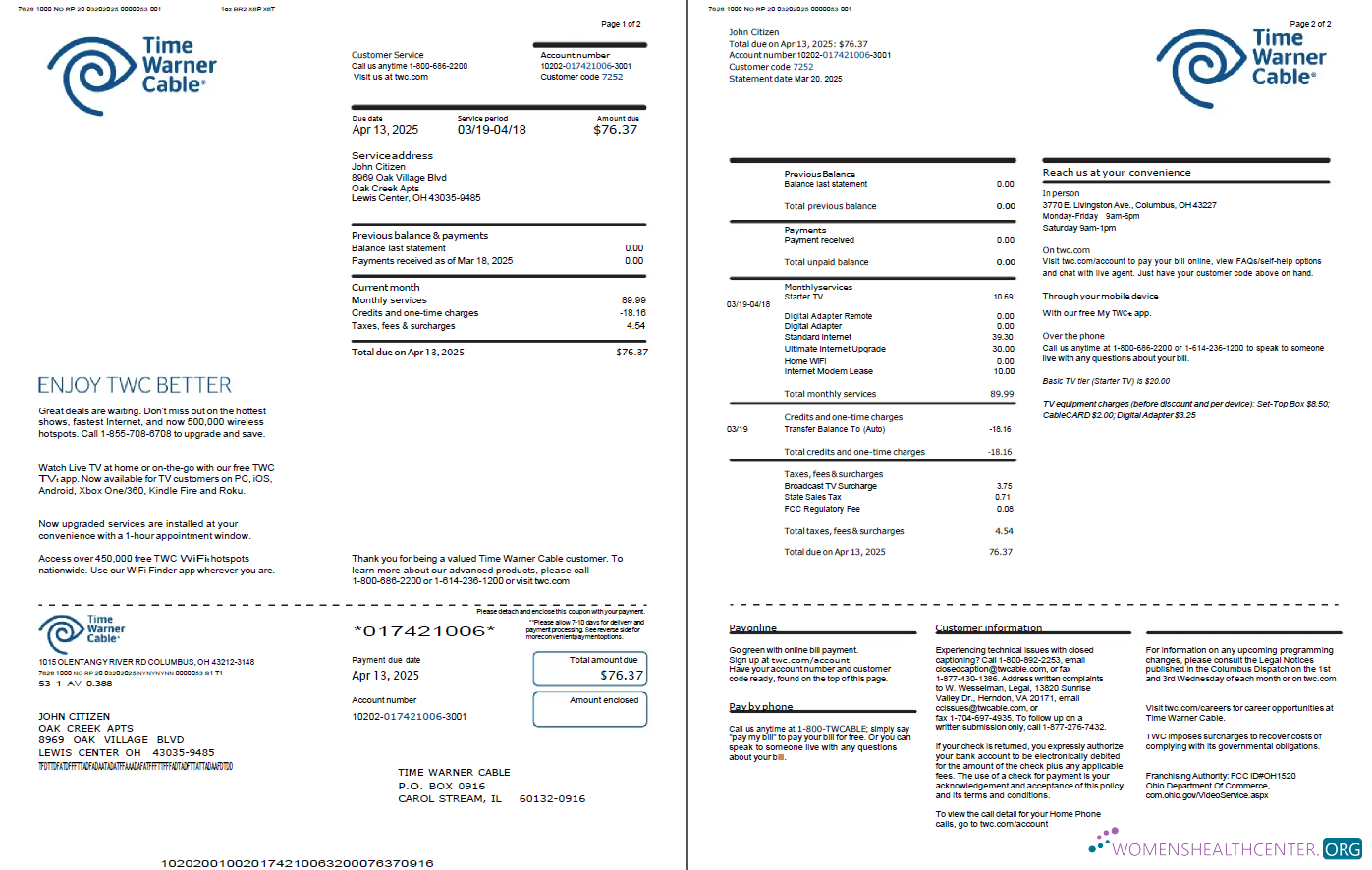 Editierbare Herunterladen USA Time Warner Cable Nebenkostenabrechnung Vorlage in Word und PDF Formats, 2 Seiten PDF Vorlage