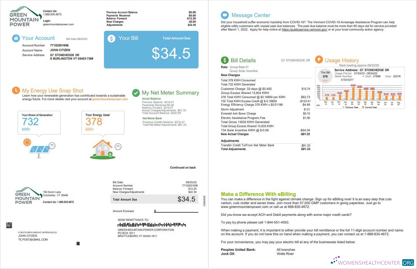 Hochwertige Herunterladen USA Vermont Grün Mountain Power Nebenkostenabrechnung, Word und PDF Vorlage, 2 Seiten PDF Vorlage