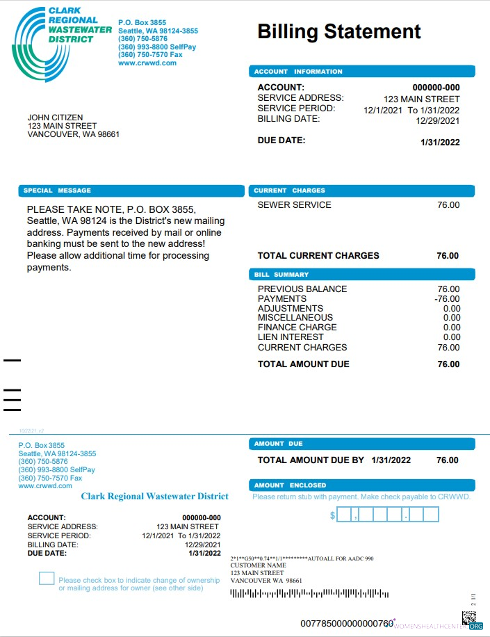 Hochwertige Herunterladen USA Washington Clark Regional Wastewater Bezirk Nebenkostenabrechnung, Word und PDF Vorlage PDF Vorlage