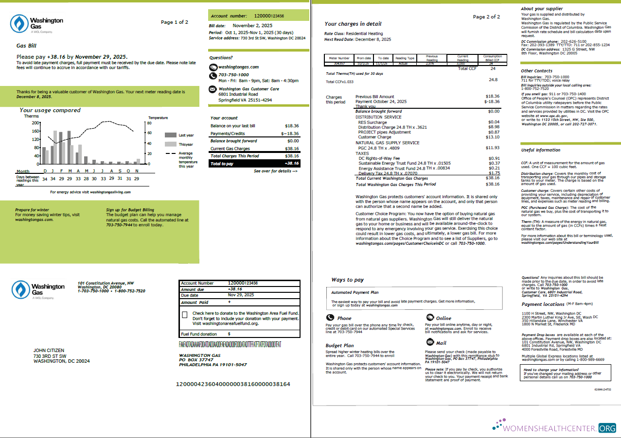 Editierbare Herunterladen USA Washington Gas Nebenkostenabrechnung Vorlage in Word und PDF Formats, 2 Seiten PDF Vorlage
