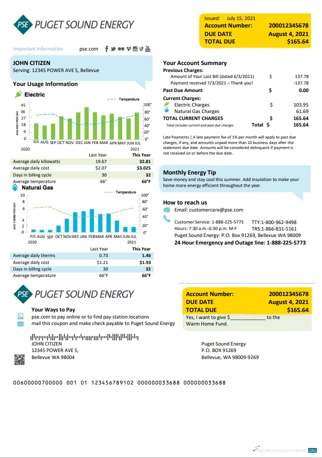 Realistische Herunterladen USA Washington Puget Sound Energy Nebenkostenabrechnung Vorlage in Word und PDF Format PDF Vorlage