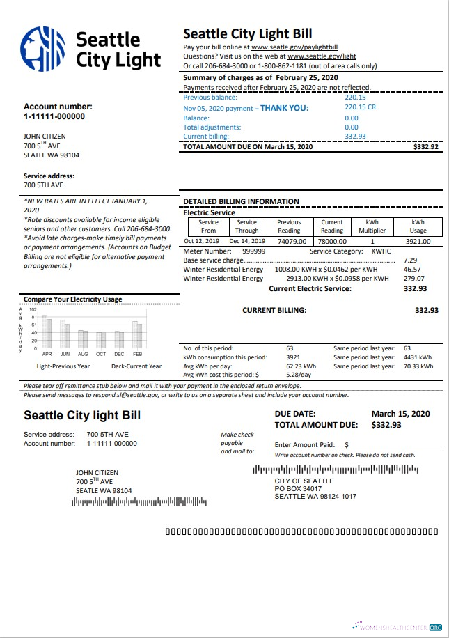 Hochwertige Herunterladen USA Washington Seattle Stadt Light Nebenkostenabrechnung Vorlage in Word und PDF Format PDF Vorlage
