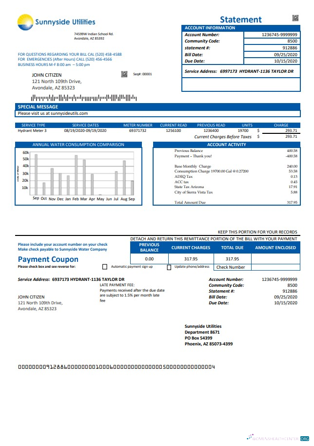Realistische Herunterladen USA Washington Sunnyside Utilities Wasser Nebenkostenabrechnung Vorlage in Word und PDF Format PDF Vorlage
