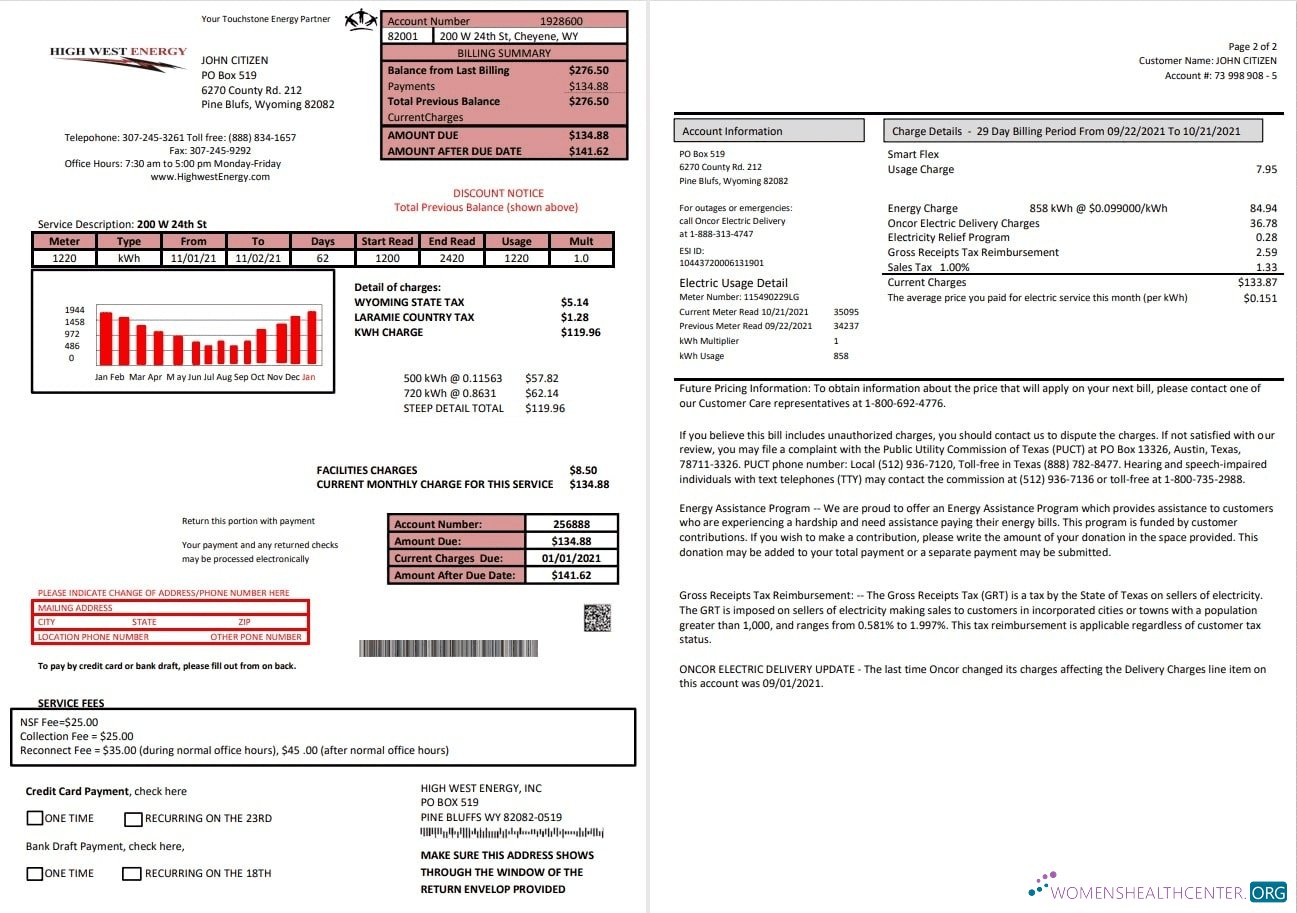 Editierbare Herunterladen USA Wyoming High West Energy Nebenkostenabrechnung in Word Anf PDF Format (2 Seiten) PDF Vorlage